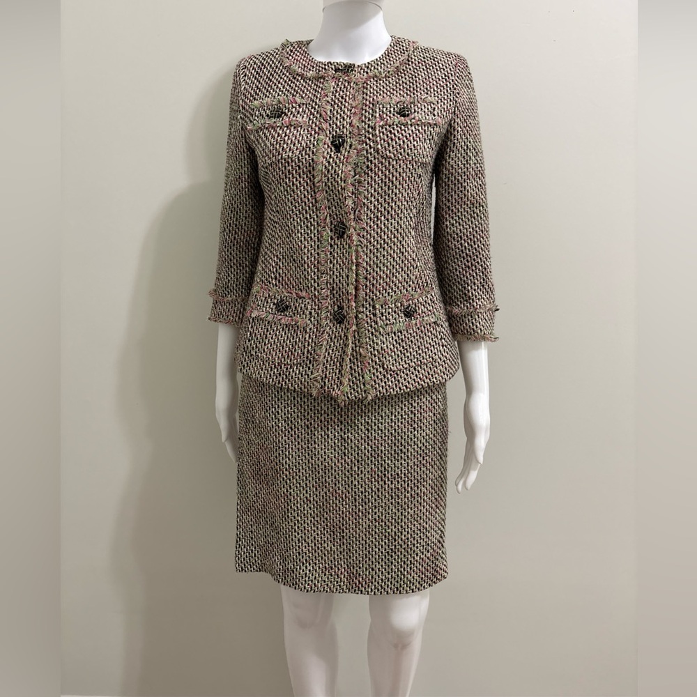 Talbots Pink Green Tweed Fringe 3/4 Sleeve Jacket & Skirt Suit Set Sz ( 4P/2P )